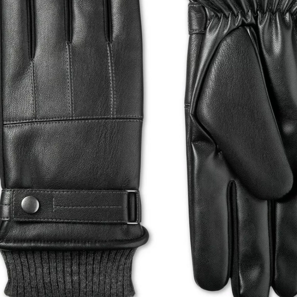 Isotoner Men's Gloves Black Faux Leather Knit - Picture 4 of 4